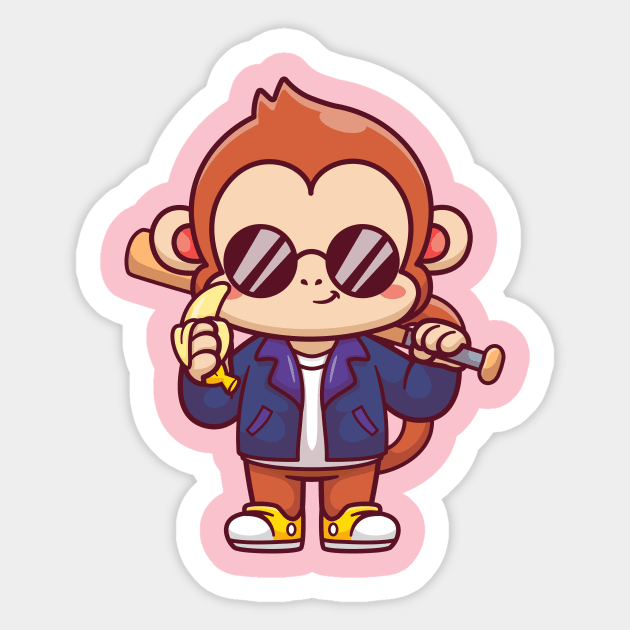 Cute Monkey With Baseball Bat With Jacket And Banana  Cartoon Sticker by Catalyst Labs